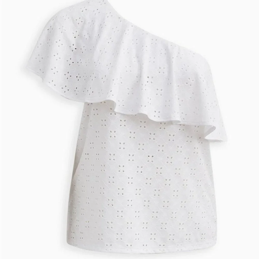 Torrid Top 5X White -Eyelet One Shoulder Shirt Jersey Ruffled Tier Plus Size NWT - Picture 2 of 4